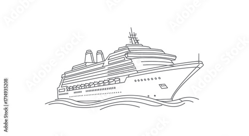 Simple Line Drawing of a Cruise Ship at Sea.