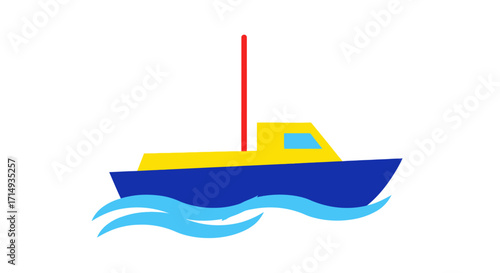 Colorful Cartoon Boat with Red Mast on Blue Waves.