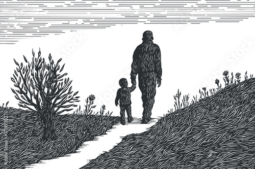 A silhouette illustration of a father and child walking together on a path in nature.