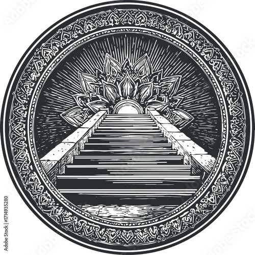An intricate illustration of a staircase leading to a lotus adorned temple under radiant light.