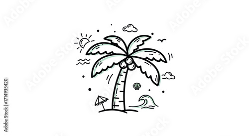 Hand-drawn Black and White Palm Tree Illustration with Beach Elements.
