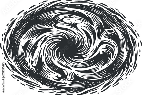 An abstract swirling design featuring dynamic lines and curves in black and white.
