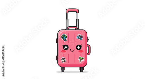 Adorable cartoon pink travel suitcase with a smiling kawaii face wheels and stickers.