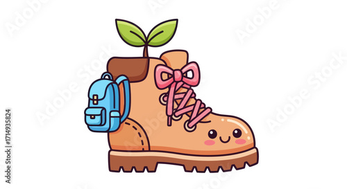 Kawaii Hiking Boot with Sprout Backpack and Pink Bow Laces.