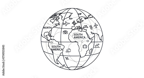 Simple Line Drawing of a World Globe.