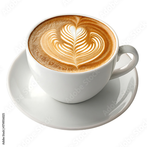 A delicious hot cappuccino coffee with beautiful latte art heart design isolated on transparent background