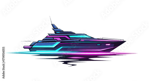 Futuristic Neon Yacht on Water.