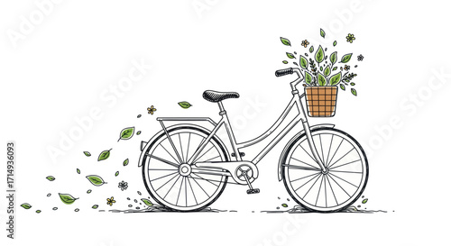 Elegant Bicycle with Floral Basket Sketch Style Illustration.
