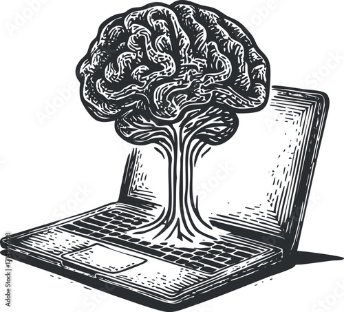 An artistic representation of a brain growing from a laptop symbolizing technology and creativity.