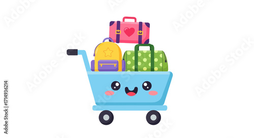 Cute Shopping Cart with Colorful Travel Luggage.