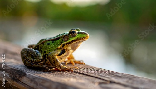 Frog on log, serene natural scene