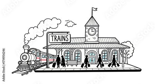Vintage Train Station with Passengers and Steam Engine.
