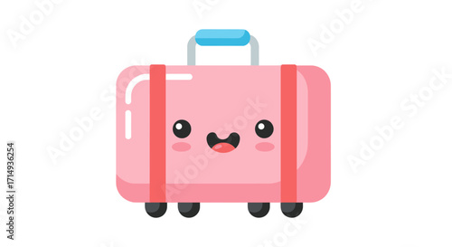 Cute Pink Cartoon Suitcase with Happy Kawaii Face and Blue Handle.