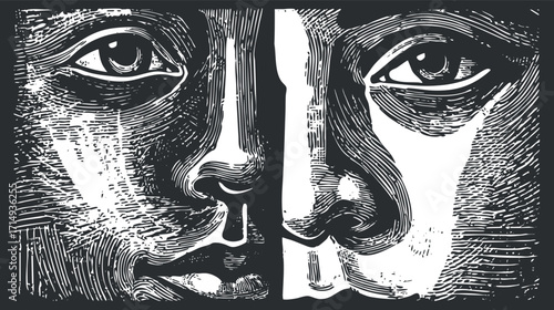 A striking black and white illustration depicting two human faces in a symmetrical design.