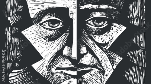 Abstract black and white illustration of a stylized face with geometric features and expressions.