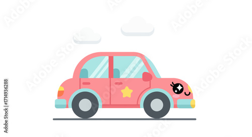 Cute Pink Cartoon Car Illustration with Big Eyes and Star.