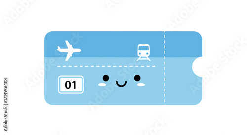 Cute Blue Travel Ticket with Airplane and Train Icons Featuring a Smiling Face.