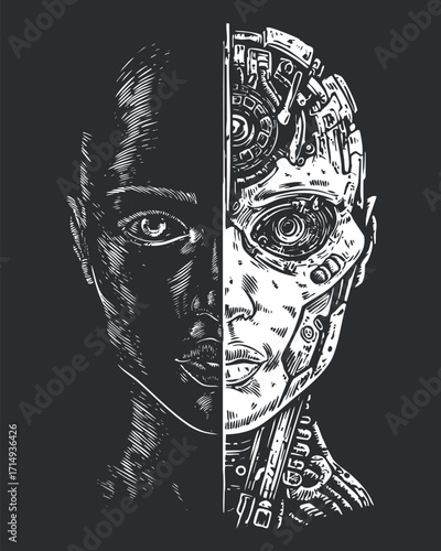 A striking illustration depicting the duality of human and robotic features in a face.