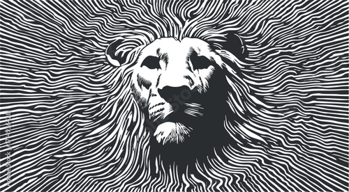 Stylized black and white illustration of a lion's head with flowing mane and intricate lines.