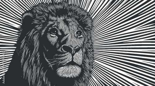 A striking black and white illustration of a lion's head with radiating lines.