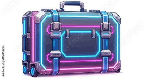 Futuristic Neon Luggage Suitcase with Glowing Edges and Wheels.