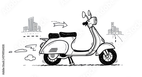 Hand-drawn Sketch of a Retro Scooter in Urban Setting.