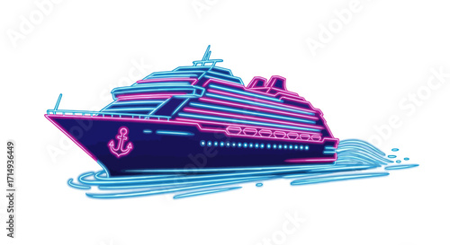 Neon Cruise Ship Illustration with Anchor and Waves.