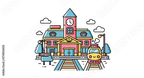 Colorful cartoon train station with clock tower and passenger train.