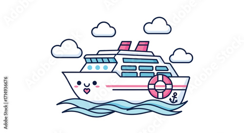 Cute Cartoon Cruise Ship with Smiling Face and Lifebuoy.