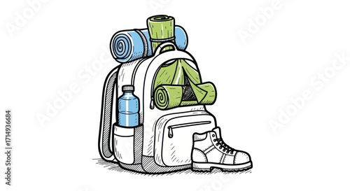 Colorful cartoon illustration of a hiking backpack packed with camping gear and a boot.