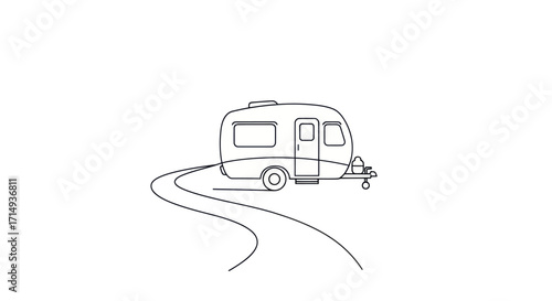 Simple Line Drawing of a Travel Trailer on Road.