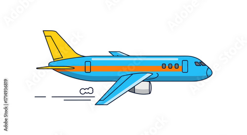 Cartoon Blue Airplane Flying with Orange Stripes and Yellow Tail.