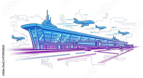 Futuristic Airport Terminal Design with Airplanes Taking Off and Landing.