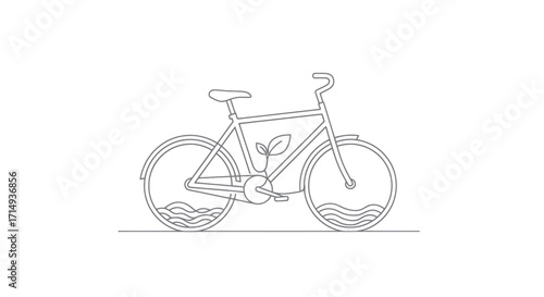 Eco-friendly bicycle concept illustration with a leaf and water elements in a line art style.