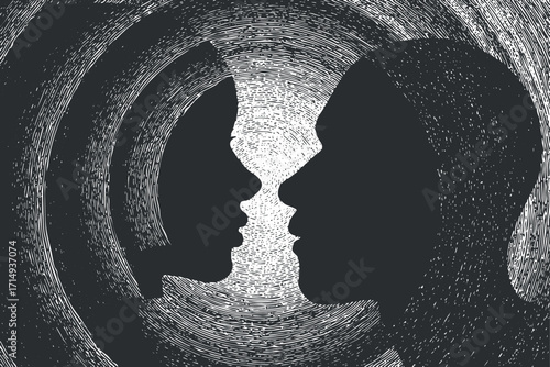 Abstract silhouette of two faces in profile representing connection and communication between individuals