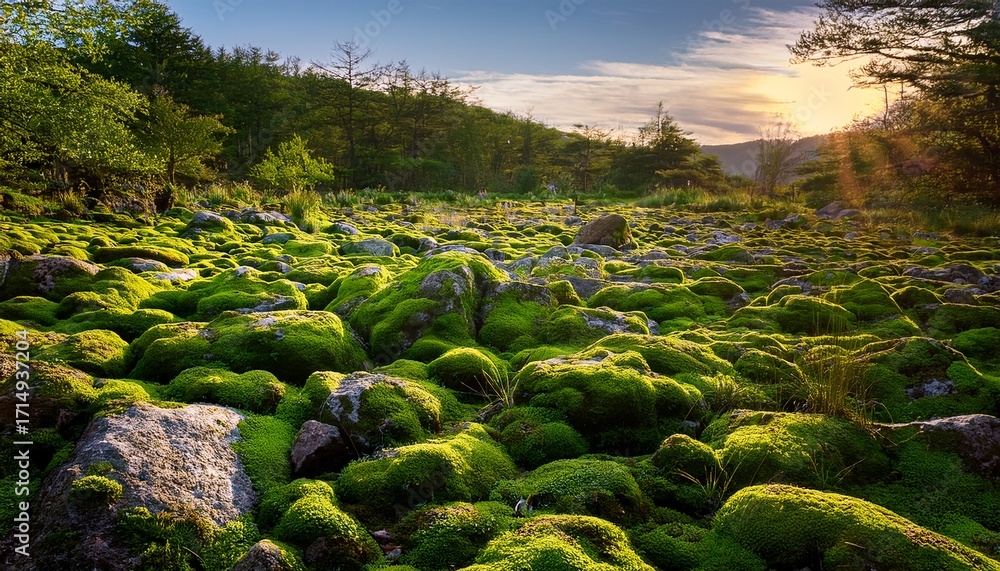 Fototapeta premium Lush Green Moss Covering Rocky Terrain In A Serene Natural Setting During Daylight Hours