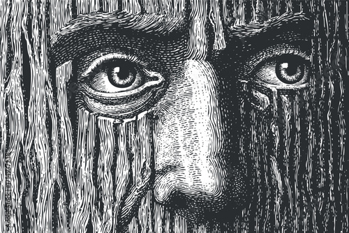 A striking illustration featuring a human face intricately blended with textured wood grain.
