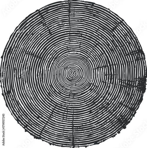 A detailed illustration of a tree stump showing growth rings and natural wood texture.