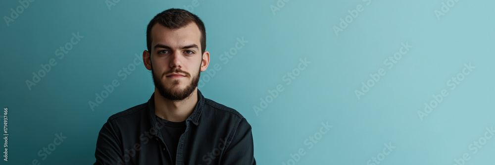 Fototapeta premium Confident Young Man with Beard Posing Against a Solid Color Background