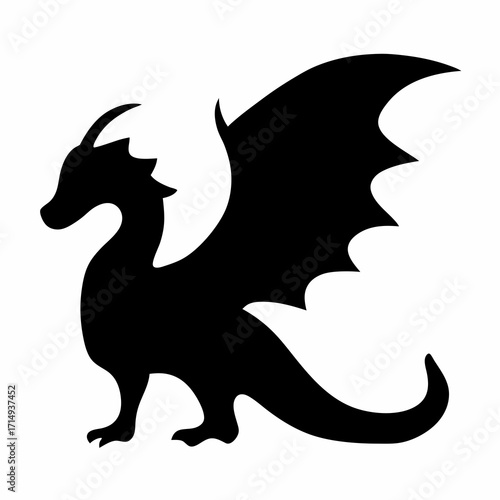 Silhouette of a magnificent winged dragon standing majestically against a white background