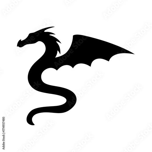 Black silhouette of a fantasy dragon with wings and curled body