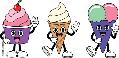 Cute cartoon ice cream characters, waffle cone, sundae cup, colorful scoops, funny mascot design, dessert illustration, summer, vector