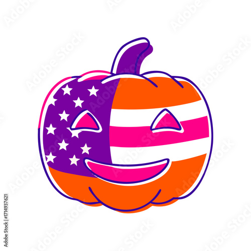 A pumpkin carved with the USA flag’s stripes, glowing with a mischievous smirk and one wonky eye