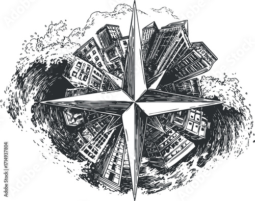 A stylized compass surrounded by urban buildings and ocean waves in an artistic illustration.