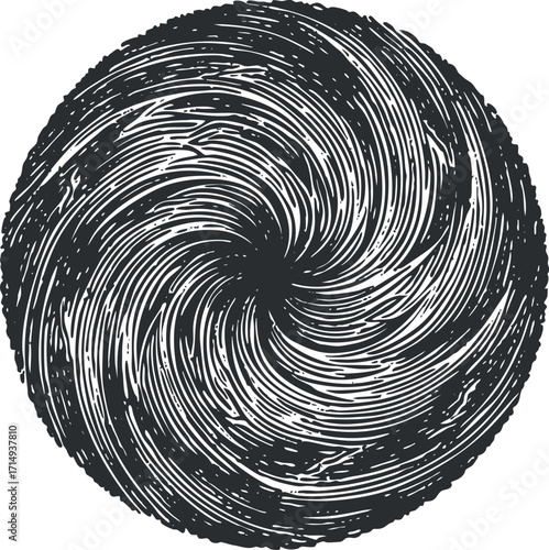 Abstract black and white swirl pattern depicting dynamic motion and energy in a circular design.