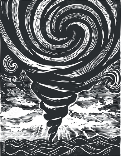 A dramatic illustration of a swirling tornado over ocean waves in black and white.