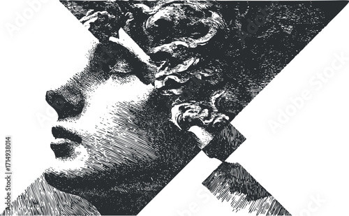 Abstract illustration of a classical sculpture profile in black and white with intricate details.