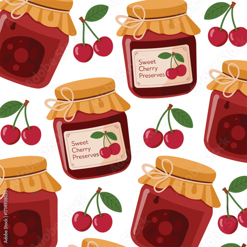 Sweet cherry preserves jam jars with fresh cherries pattern for homemade food, kitchen, cooking and canning illustration design
