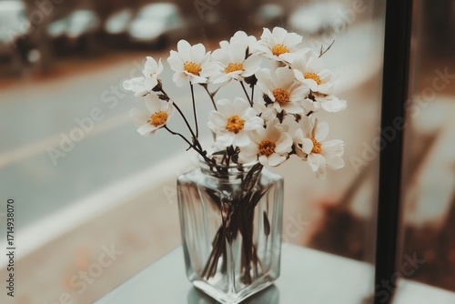 A vase of white flowers sits on a table. The flowers are in a clear glass vase and are arranged in a way that makes them look like they are in a bouquet. The vase is placed on a window sill