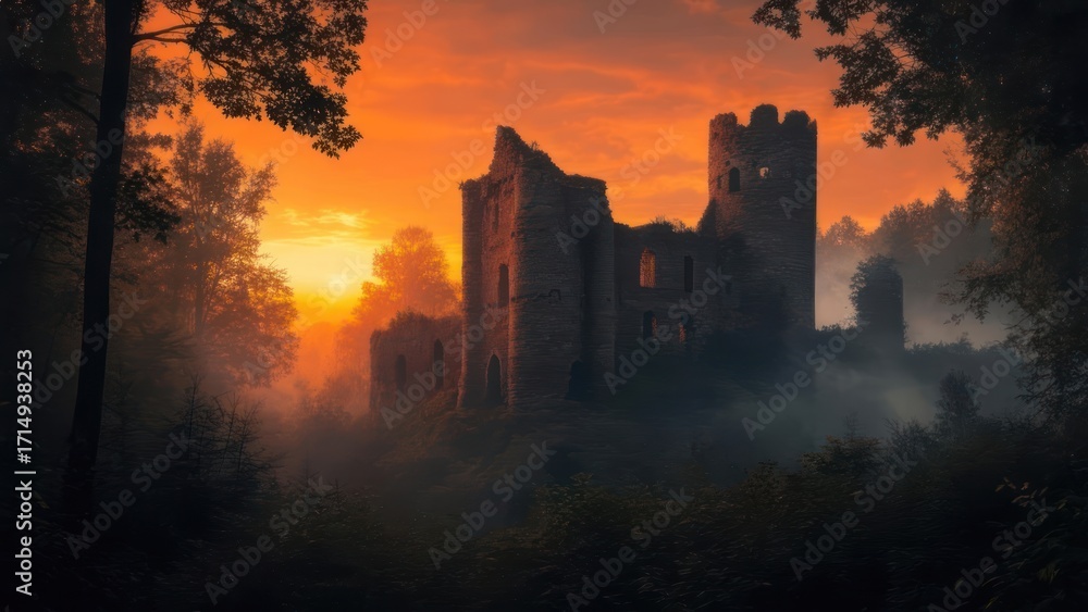 Fototapeta premium Ruined castle at sunset through mist